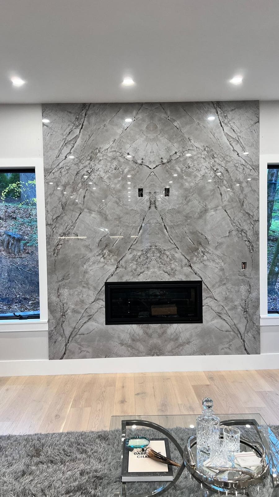 Book-matched quartzite fireplace surround